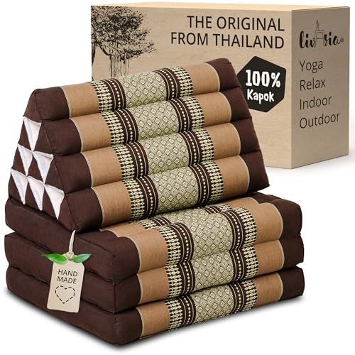 livasia Thai cushion with 3 seat rests - 69x20x3.1″ - Triangle cushion with folding mattress, Wedge cushion, kapok, Back support cushion, folding, Thai mat, folding, Hand made (Brown)
