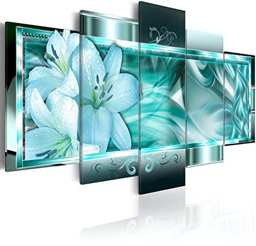 B&D XXL Acrylglasbild Abstrakt 100x50 cm 5 Teilig Wandbild auf Acryl Glasbilder Kunstdruck Moderne Acrylglas Platte Wanddekoration Geschenke Heimdekoration Glasbild Blumen Lilien Ornment blau