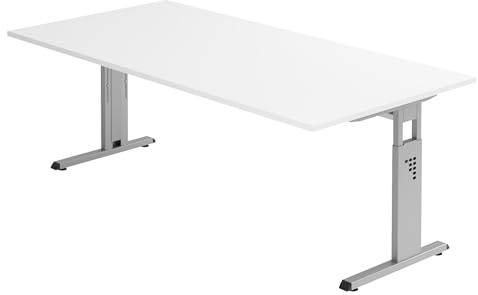 Bümö höhenverstellbarer Schreibtisch O-Serie 200x100 cm in weiß, Gestell in Silber - großer PC Tisch für's Büro manuell höhenverstellbar, Computertisch verstellbar