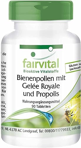 Fairvital | Pollen d'abeille avec de la gelée royale et propolis - pendant 45 jours - Fortement dosé - 90 comprimés