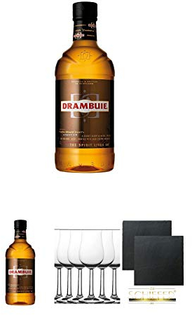 Drambuie Whiskylikör 0,7 Liter + Drambuie Whiskylikör 0,7 Liter + Whisky Nosing Gläser Kelchglas Bugatti mit Eichstrich 2cl und 4cl 6 Stück + Schiefer Glasuntersetzer eckig ca. 9,5 cm Ø 2 Stück