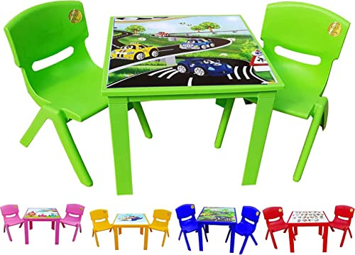 A406 Kids Children Plastic Home Garden Folding Foldable Table & 2 Stackable Chairs Set (Green)