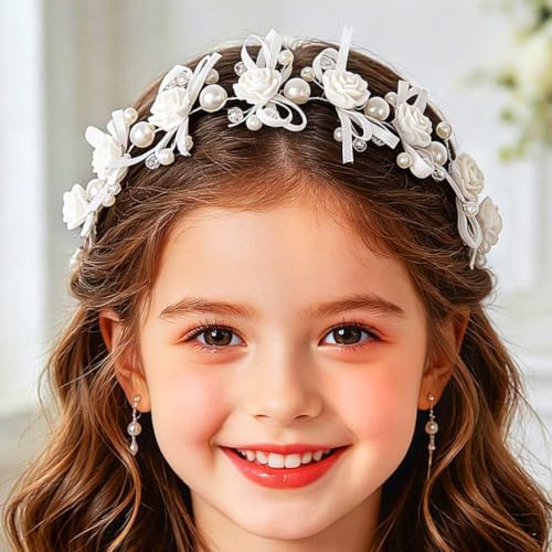 IYOU Prinzessin Weiße Blume Haarschmuck Kommunion Mädchen Weiss Kopfschmuck Perlen Haar Kleid Kristall Braut Hochzeit Haarschmuck für Blumenmädchen