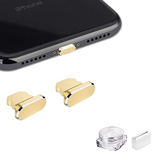 VIWIEU Metal Anti Dust Plug for iPhone 13 12 Mini Pro Max 11 iPad AirPods, 2 Aluminum Lightning Charging Port Cover Compatible with iPhone X, XS, XR, 8, 7 Plus with Plug Holder and Storage Box (Gold)