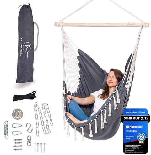 BELLAMATILDA® Hängesessel inkl 3 Kissen + 360° Montagezubehör - Outdoor & Indoor XXL Hängeschaukel für Erwachsene & Kinder - Hängesitz/Hängestuhl bis 150kg für Garten, Wohnzimmer, Balkon (G.B.)
