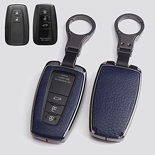 HIBEYO Autoschlüssel Hülle für Toyota Cover Leder Schutzhülle mit Schlüsselanhänger Schlüssel Etui für Toyota Corolla RAV4 CH-R Prius Yaris Schlüsselbund Fernbedienung Schlüsselbox-Schwarz Blau