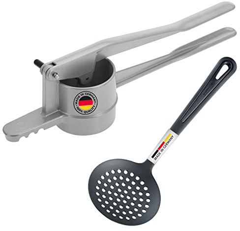 Westmark Set para pasta (Spätzle), 2 unidades, 1 Prensa para patatas/pasta con orificios redondos, 1 Prensa para pasta +1 Cucharón, Gentle, Fundición a presión de aluminio/PA, Plateado/Negro, 611022E8