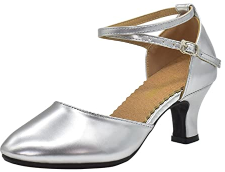 HGYJ Damen Latin Dance Schuhe Performance Ballsaal Standard Erwachsene Mittelhohe Kunstleder Leise und rutschfeste weiche Sohle Tanzschuhe mit geschlossener Zehenpartie,Silver,37