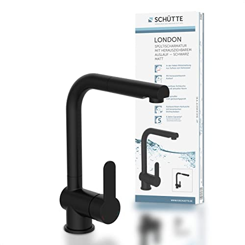 SCHÜTTE 79760 LONDON Küchenarmatur mit ausziehbarer Brause, Wasserhahn für die Küche mit Energiesparfunktion, Mischbatterie mit Einhebelmischer, Spültischarmatur, Matt Schwarz