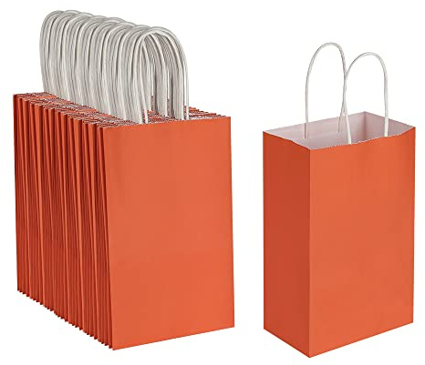 Oikss 100 Stück 13,25 x 8,25 x 8,25 cm kleine Papier-Geschenktüten mit Griffen, Großpackung, Krafttüten für Geburtstag, Party, Gastgeschenke, Einkaufen, Business, Goody Craft Bags Cub (klein, orange)