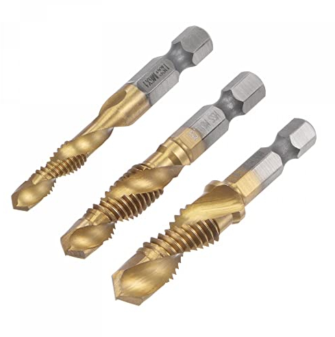 sourcing map 3Stk. Kombination Bohrer und Gewindebohrer Bit Set M6 M8 M10 titanbeschichteter Schnellarbeitsstahl 4341 Spiralnut Gewindebohrer 1/4 Sechskantschaft