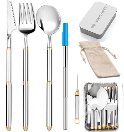XINYUWIN Portable Travel Cutlery Set with Case,Reusable Stainless Steel Flatware Set,Detachable Cutlery Set Mirror Polished Dishwasher Safe Include Knife Fork Spoon for Camping Picnic Office