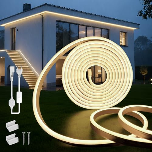 SUCIKORIO Neon LED Streifen 10m, Wasserdicht IP65 Led Strip Naturweiss 4000K 230V Leds Lichterkette Außen 120 LED/M Flexibler DIY Lichtband Aussenbereich mit Netzteil für Haus, Party, Küche
