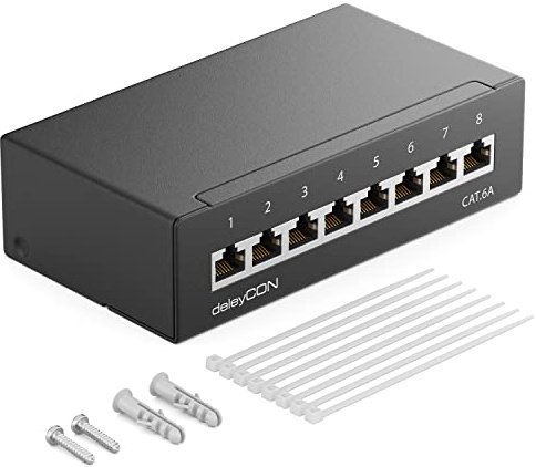 deleyCON CAT 6a Patchpanel Verteilerfeld 8 Port 1 HE RJ45 - Schwarz | Desktop & Wandmontage, geschirmt, 8x RJ45 Buchse, LAN Netzwerk Verlegekabel, TIA568A TIA568B, RAL 9005