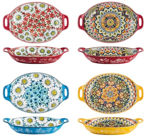 Salad Bowl Set of 4, Porcelain Large Pasta Bowl/Fruit Bowls with Handles - 32 OZ, Vibrant Colour Large Boho Bowls Serving Dishes for Entertaining/Party/Christmas
