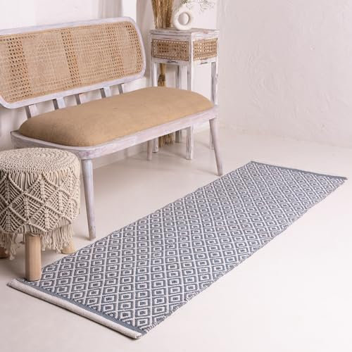 RAJRANG Cotton Diamond Runner Rug 61x183 cm Tradewinds Grey Hand Woven Reversible Washable Rug Boho Decor for Entry Kitchen Bathroom Hallway Living Room