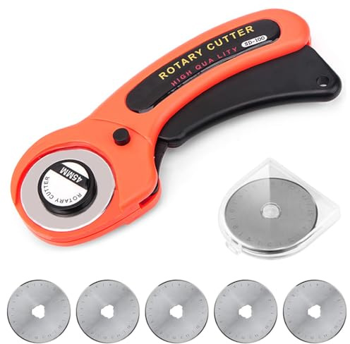 GRKB Cutter Rotatif avec 5 Lames en Acier Inoxydable & Fermeture De Sécurité 45mm Cutter Rotatif Ergonomique en Tissu, Idéal pour La Couture & Le Bricolage Accessoires De Couture