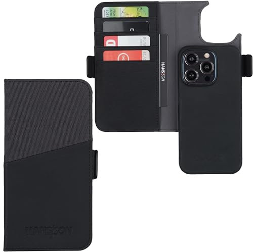 HANS/SON Étui de protection en cuir - Avec compartiments pour cartes - iPhone 15 Pro - Cuir véritable - 6,12 - Fin - Résistant aux chocs - Étui 2 en 1 - Étui de cartes de crédit - Chargement sans fil