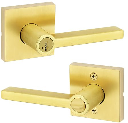 Kwikset Halifax Entry Door Handle with Lock and Key, Secure Keyed Reversible Lever Exterior, for Front Entrance and Bedrooms, Satin Brass, Pick Resistant Smartkey Rekey Security and Microban
