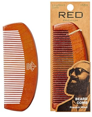 RED by Kiss Premium Wood Men Long Beard Comb, Easy Detangling and Styling, Durable Design for Gentle Beard Hair & Mustache Grooming Essential, No Snagging & Pulling, Maximize Conditioning