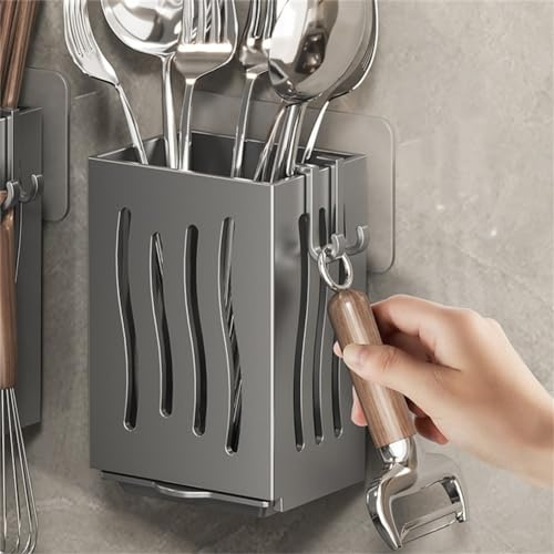 SPORTARC Wandmontiertes Abtropfgestell, Besteckhalter, Küchenutensilienhalter Besteckkorb, Aufbewahrungsbox mit Abtropfschale, Besteckkorb Tisch Organizer, Besteck Abtropfbehälter Behälter (grau)
