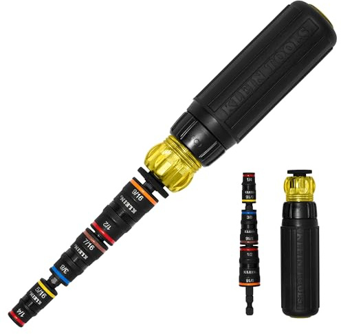 Klein Tools 32910RCHT - Destornillador de impacto, juego de llaves de impacto SAE 7 en 1 con mango de trinquete, enchufe abatible con 6 tamaños de destornillador hexagonal más un soporte de brocas de