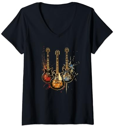 Damen Vintage 3 Gitarren Spritzlack-Design T-Shirt mit V-Ausschnitt