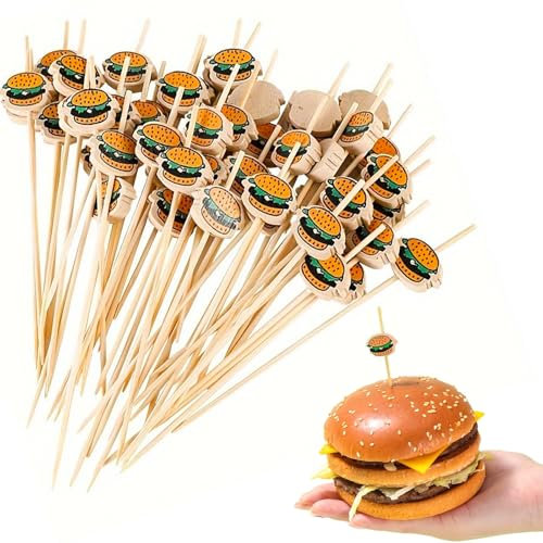 XINCHENG 100 Pack Cocktail Sticks for Food, Bamboo Sticks with Burger Ornament, Wooden Skewers Sticks for Breakfast Sandwiches Hamburger Fruit and Parties Events