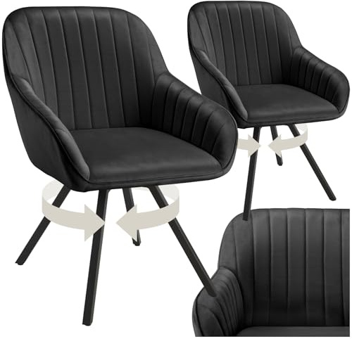 tectake® drehbare Esszimmerstühle mit Armlehne, Schalenstuhl ergonomisch mit Samt Bezug, gesteppt, Stühle drehbar für Wohnzimmer, Esstisch, Arbeitszimmer, Schminktisch, Küchenstühle - 2er Set, schwarz