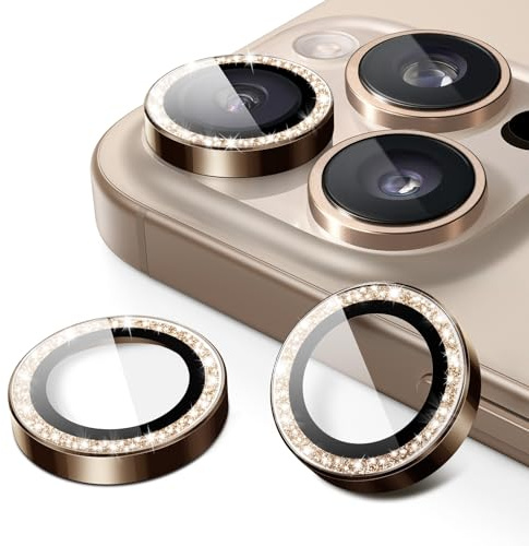 JETech Pellicola Fotocamera per iPhone 16 Pro/16 Pro Max, Titanio Sabbia | Bling Glitter Singolo, Protettiva Vetro Temperato 9H, Cover Anello Metallico, HD Trasparente