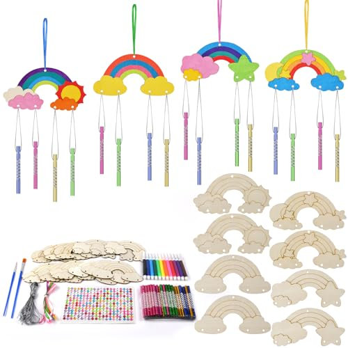 Ainiv 12 Pcs Kits Bricolage Carillons Éoliens Arc-en-Ciel pour Enfants, Carillon à Vent en Bois à Peindre Soi-Même, Décoration pour Jardin, Cadeau Anniversaire 4 5 6 7 8 9 10 Ans