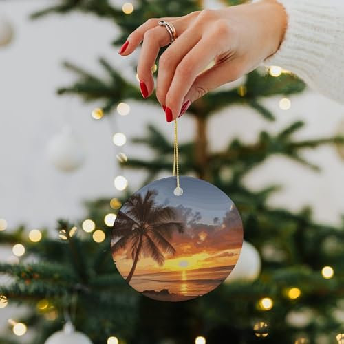 Weihnachtsschmuck 2024 Weihnachtsbaum Rund Keramik Anhänger Sonnenuntergang Hawaii Palme Lustige Weihnachtsanhänger Hängende Weihnachtsbaum Dekoration für Zuhause Neujahr Party Supplies Geschenke