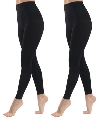 MANZI Footless Tights for Women Dance Tights 40 Denier Semi Opaque Pantyhose 2 Pairs Black L-XL