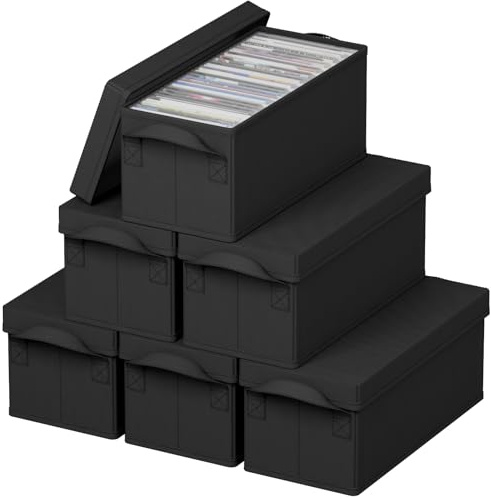 Lifewit CD Ställ Vikbara Förvaringslådor, Stapelbar Förvaringsbox med Lock, för Hem och Bil, Svart, 33,5 x 15 x 13,5 cm, för Upp till 180 CD-skivor, 6-Pack