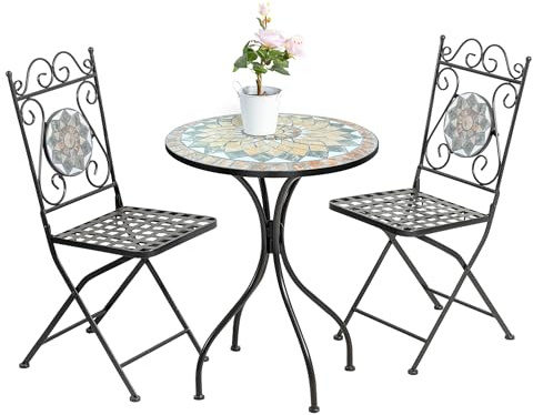 IlGruppone Set Bistrot Tavolino con Mosaico in Ceramica con 2 Sedie Pieghevoli - ANTIRUGGINE per Esterno Terrazzo, Giardino, Patio Casa, Bar, Ristoranti - Cefalu