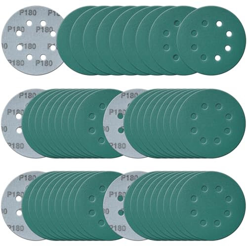 5 Inch 8 Hole Sanding Discs, 50 Pcs Wer Dry Sandpaper 180 Grit Hook and Loop Green Polyester Film Backed Sanding Disc for Random Orbital Sander Wood Car Metal Plastic (180 Grit, 50 Pack)