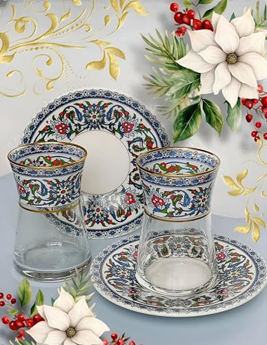 Lot de 6 verres à thé turcs fabriqués à la main avec soucoupes, tasses à thé turques à l'ancienne, verres à thé vintage arabe fantaisie, verre persan et marocain vintage (carreaux bleu)