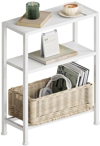 Vantimo Schmaler Beistelltisch, Nachttisch, 3 Ablagen Nachttisch Schmal mit Stauraum, Sofa beistelltisch für schmale Räume, Kleiner Tisch, für Wohnzimmer, Schlafzimmer, Küche & Balkon (1, Weiß)