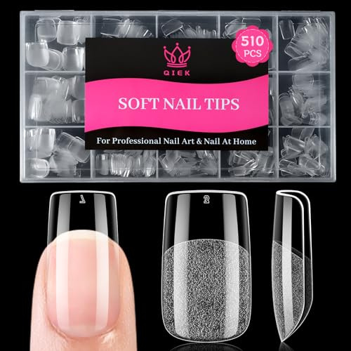 QIEK 510 Pcs Nail Tips for Gel Extensions, 15 Sizes, Half Matte Clear | Acrylic Soft Gel X, Full Cover Tips, Pre-Shaped Press On Nails
