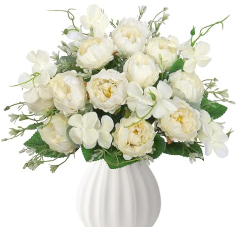 MEIVINES Fiori Finti 3 Mazzi di Fiori Artificiali di Peonia di Seta Peonie Finte Realistiche Bouquet Fiori Finti per Matrimoni Feste Cimitero Composizione Floreale Decorazione (3, Bianco)