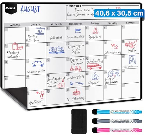 Magnetic Dry Erase Whiteboard Monthly Calendar - A3 / 40 x 30 cm - Refrigerator White Board Sheet + 3 Colourful Markers + Eraser - German Language - by Yes4Quality