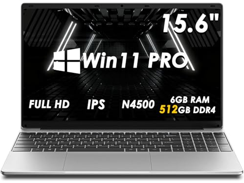 Kayoote Celeron N4500 Ordinateur Portable Win 11 Pro de 15,6 po pour étudiants et Entreprises, Ordinateurs Portables 6 + 512 Go avec écran FHD, Wi-FI, BT pour Le Travail et l'école