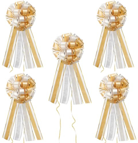 5 Stück Große Geschenkschleife Geschenkbänder Ziehschleife Gold,Deko Schleifen Geschenk für Hochzeit,Geburtstag,Geschenkverpackung,Auto Deko,Basteln Verpacken,Festival Dekorieren