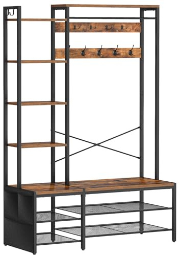 HOOBRO Garderobenständer, Garderobe mit Schuhregal und Sitzbank, 9 Doppelhaken, 2 Seitenhaken, 5 Ablagen und Seitentasche, für Flur, Schlafzimmer, Wohnzimmer, Schwarz und Vintagebraun EBF42MT01
