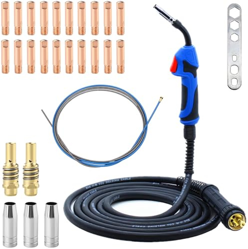 MIG MAG Schutzgas Schlauchpaket MB15 AK – 4m Gasgekühlte Schweißbrenner mit Euro-Zentralanschluss und 27-teiligem Verschleißteile-Set für einfachen Betrieb und Wartung, für CO² Schweißgeräte