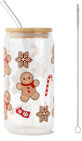 ZenithAura Homme en Pain d'Épices de Noël Verres à Boire avec Couvercle et Paille en Forme de Boîte Tasse à Café Chaud Tasse à Bubble Tea Tasse à Boba Bouteille de Voyage
