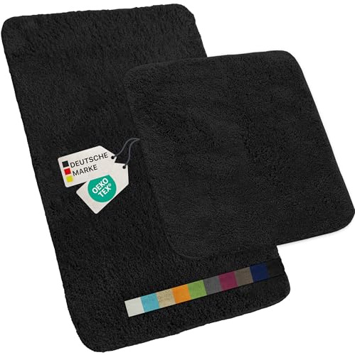 NYVI Badematten Set 2 teilig NYVISpa Lasalle 45x50 + 50x80 cm Schwarz Badematte & WC-Vorleger - Badezimmerteppich Set - rutschfest, Saugfähig, Schnell Trocknend, Fußbodenheizung geeignet, Oeko-TEX
