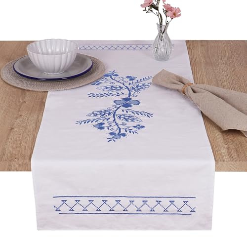 Trimits Kreuzstich-Set – Tischläufer – inklusive bedrucktem Stoff, Garn, Nadel und Anleitung, 40 x 100 cm, blaues Blumenmuster
