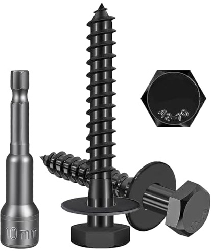 BieMian Lot de 20 vis tire-fond M6 x 50 mm en acier inoxydable 304 avec rondelles et foret – Revêtement en oxyde noir pour la construction en bois extérieure