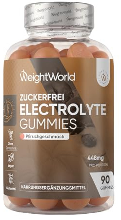 Electrolitos en Gominolas 448 mg por porción, Sin Azúcar - 90 Gominolas Veganas con Calcio, Magnesio, Potasio, Sodio y Cloruro, Sabor Natural a Melocotón, Sin Gluten ni OGM